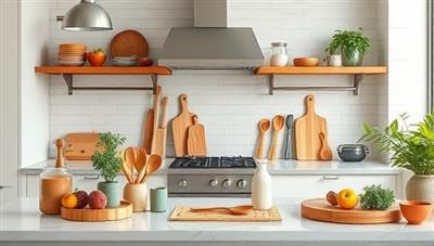 An elegant kitchen setup with a display of BambooBlend Essentials' sustainable bamboo kitchenware collection, showcasing the beauty and functionality of the eco-friendly utensils and accessories in a modern culinary environment.