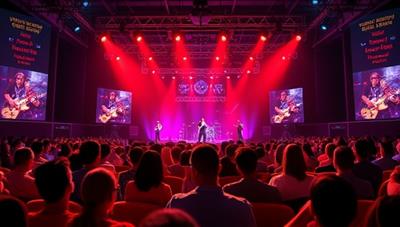 A virtual concert stage with a crowd of avatars enjoying a live performance by a virtual band, with interactive features like virtual light shows, chat rooms, and fan interactions, showcasing the immersive and engaging concert experience of VR Concert Realm.