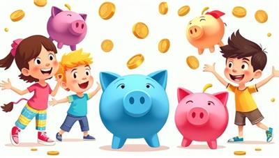 An animated scene of colorful piggy banks and coins floating around a cheerful group of children, showcasing the fun and educational aspects of MoneyMinds Junior.