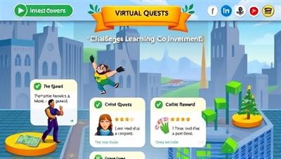 An engaging and colorful investment learning app interface showcasing virtual quests, challenges, and rewards, with interactive features and educational content, creating an immersive and enjoyable learning experience for users exploring the world of investing through InvestQuest Adventures.