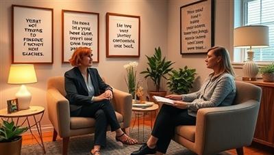 A warm and welcoming coaching session setup with a WealthWell Coaches financial expert interacting with a client, discussing financial goals and strategies, surrounded by motivational quotes, financial planning tools, and a cozy office ambiance, reflecting the personalized and supportive approach of the financial wellness coaching services.