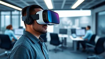 An engaging digital visualization of a candidate wearing a VR headset and exploring a virtual office environment, interacting with avatars of team members and engaging in a simulated job interview, showcasing the futuristic and immersive recruitment experience offered by VR Recruit Portal.