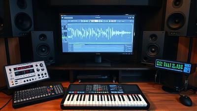 An online music production studio setup with professional audio equipment, MIDI controllers, and virtual mixing consoles, illustrating a cutting-edge and immersive learning environment for music enthusiasts and producers.