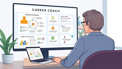 A dynamic digital illustration of a career coach providing virtual guidance to a client on career planning and goal setting, with interactive career maps, skill-building exercises, and professional networking tools displayed on-screen, creating a motivational and empowering coaching experience.