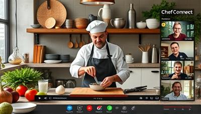 An online cooking class setting with a chef demonstrating a recipe in a live video session, surrounded by ingredients and kitchen tools, engaging with virtual participants and fostering a sense of culinary community at ChefConnect Online.