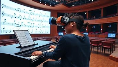 A virtual reality music studio scene with a student wearing a VR headset, playing a digital piano in a simulated concert hall filled with animated musical notes and interactive learning tools, illustrating the immersive and educational experience of Virtuoso VR Academy.