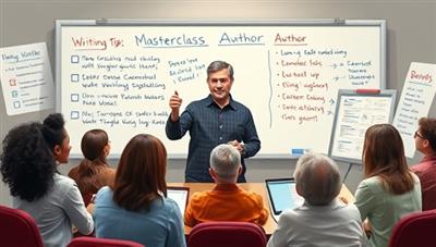 An artistic depiction of a virtual masterclass session, featuring a renowned author sharing writing tips and insights with a diverse group of participants, surrounded by digital whiteboards, interactive exercises, and collaborative discussions, fostering a dynamic and educational environment for writers seeking mentorship and skill enhancement.