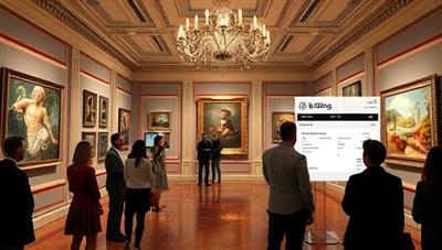 An elegant and sophisticated virtual art gallery setting with digital displays of exquisite artworks, virtual attendees admiring the pieces, and a bidding interface showcasing real-time auction activity, creating a luxurious and immersive art auction experience.