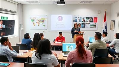 A virtual classroom setting with a diverse group of students and a language tutor engaging in a lively language lesson, with interactive tools and visual aids enhancing the learning experience, demonstrating accessibility and cultural exchange.