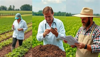 An image of a soil scientist collecting samples from different fields, a lab technician analyzing soil samples under a microscope, and a farmer receiving a detailed soil health report, illustrating the process of soil testing and analysis for agricultural improvement.