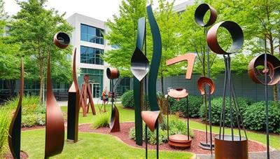 An outdoor sculpture garden displaying a collection of upcycled metal art sculptures, including abstract forms, kinetic pieces, and functional decor items, set against a backdrop of lush greenery and modern architecture, highlighting the creativity and sustainability of the artworks.