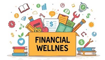 An artistic illustration of a vibrant and educational financial wellness box filled with financial tools, books, and resources, surrounded by financial icons and symbols conveying learning and empowerment in personal finance.