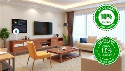 An elegant smart home setup featuring EcoSmart devices seamlessly integrated into the living space, with energy-saving notifications displayed on a control panel and a green energy certification badge, symbolizing efficiency and sustainability.