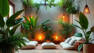 An inviting and tranquil wellness sanctuary adorned with lush green plants, cozy cushions, soft lighting, and soothing music, creating a serene and rejuvenating space for self-care and relaxation.