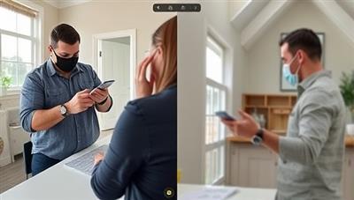 A split-screen image showing a certified home inspector conducting a virtual inspection via video call with a homeowner, inspecting various aspects of the property remotely and discussing findings in a professional and informative manner for a seamless inspection experience.