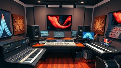 A virtual music studio setup with professional audio equipment, digital mixing consoles, musical instruments, and creative visuals representing music production mastery and artistic inspiration in a digital environment.
