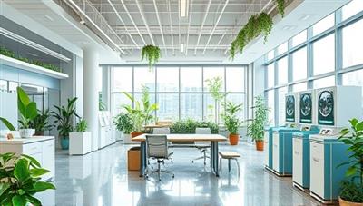 An eco-friendly office space with sustainable design elements, renewable energy sources, and recycling stations, symbolizing a commitment to green practices and environmental stewardship in the business environment, creating a visually inspiring and environmentally conscious workspace.