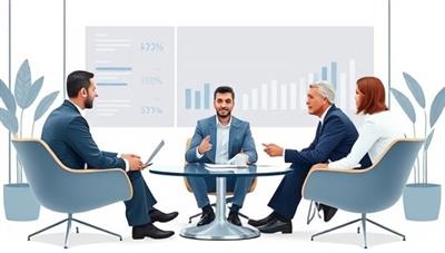A sophisticated digital illustration featuring a virtual financial planning session with a diverse group of clients discussing investment strategies, retirement goals, and financial projections, symbolizing wealth management, financial security, and long-term planning.