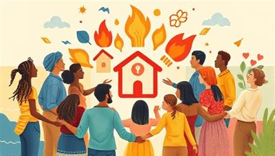A heartwarming illustration depicting diverse community members coming together in solidarity, holding hands in a circle around a symbolic shelter icon, surrounded by elements representing different natural disasters like storms, fires, and floods, symbolizing unity and protection in times of crisis within SafeHaven.