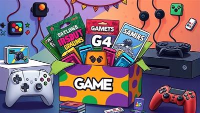 An artistic representation of a colorful gaming-themed subscription box filled with gaming accessories, merchandise, and surprise items, surrounded by gaming consoles and controllers, evoking a sense of excitement and anticipation for subscribers unboxing their monthly gaming treat.