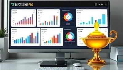 A dynamic dashboard on a computer screen displaying various financial reports and charts generated by ReportGenie Pro, with a genie lamp symbolizing quick and efficient report generation at the user's fingertips.