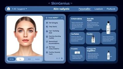 An interactive AI skin diagnostic tool interface displaying a detailed skin analysis report, personalized skincare recommendations, and product suggestions, highlighting the intelligent and informative nature of SkinGenius AI for skincare analysis and advice.
