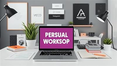 A sleek and modern home office setup with branding materials, digital devices, and a laptop displaying a virtual personal branding workshop in session, symbolizing professionalism and strategic brand development in the digital age.