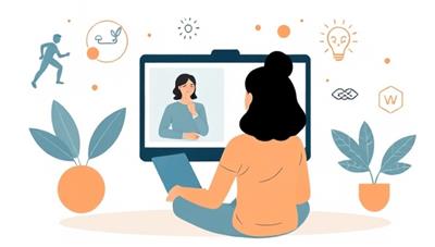 A serene digital illustration of a virtual wellness coach conducting a video session with a client, surrounded by icons representing fitness, nutrition, mindfulness, and balance, evoking a sense of support and guidance.