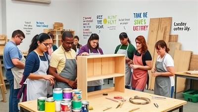 An interactive DIY workshop setting with participants wearing aprons and using tools to build a wooden shelf, surrounded by colorful paint cans, carpentry materials, and inspirational quotes on the walls, fostering creativity and collaboration in a hands-on learning environment.