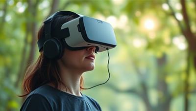 An individual wearing a VR headset, surrounded by a tranquil virtual forest with soft ambient lighting and soothing sounds, creating a peaceful and immersive meditation environment.