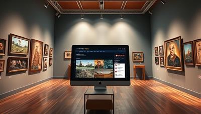 An artistic representation of a virtual art gallery tour experience, with a digital interface showing a selection of artworks, a live event chatroom with art experts, and a virtual gallery setting that immerses subscribers in an interactive and educational art journey, capturing the essence of ArtWanderer's innovative art platform.