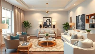 A virtual interior design rendering showcasing a beautifully designed living room with trendy furniture, color schemes, and decor accents, a designer's digital workspace with fabric swatches, paint samples, and design sketches, exuding creativity and elegance in virtual design transformations.