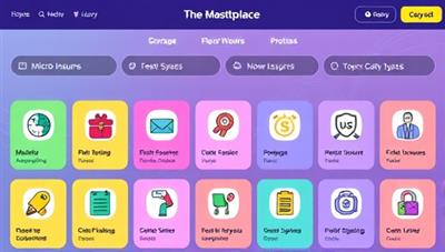 A vibrant and colorful marketplace showcasing various micro-insurance options, with icons representing different coverage types, creating a visually appealing and easy-to-navigate platform.
