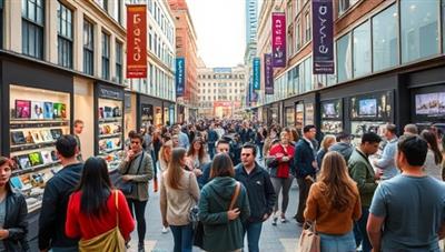 A bustling city square filled with curious shoppers exploring a vibrant pop-up store showcasing the latest tech gadgets, interactive displays, and enthusiastic staff assisting customers, creating a dynamic and engaging shopping experience.