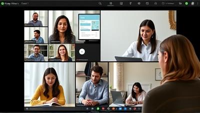 An online writing workshop session, featuring a diverse group of participants engaged in a virtual discussion, with a coach providing feedback on a participant's written piece, showcasing collaboration and learning.