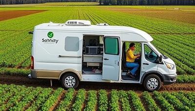 A mobile soil health testing lab parked in a lush farm field, with a technician conducting soil tests using advanced equipment, showcasing the on-the-go testing capabilities and data-driven insights provided by SoilVitality Mobile Labs.