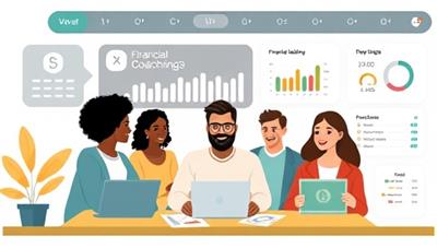 An engaging digital illustration of a diverse group of individuals receiving financial coaching through a virtual platform, with interactive tools and charts displaying financial progress and goals in a modern and user-friendly interface.