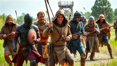A group of participants in elaborate costumes and props engaging in a LARP adventure in a dynamic outdoor setting, portraying a mix of action, camaraderie, and immersive storytelling, capturing the essence of the LARP adventure park experience.