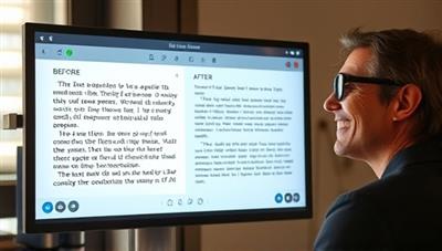 An AI interface screen displaying a before-and-after comparison of a text passage, showcasing the platform's editing suggestions and improvements, with a satisfied writer looking at the screen in amazement, emphasizing the tool's impact on writing quality.