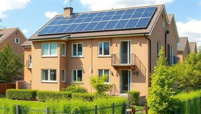 An eco-friendly residential building with solar panels on the roof, energy-efficient windows, and lush green landscaping, symbolizing sustainable and environmentally conscious real estate practices, appealing to eco-conscious buyers and investors.