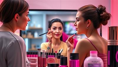 An artistic depiction of a virtual beauty consultation, with a split-screen showing a professional makeup artist guiding a client through a skincare routine, surrounded by colorful cosmetic products and beauty tools, creating a vibrant and interactive beauty experience.