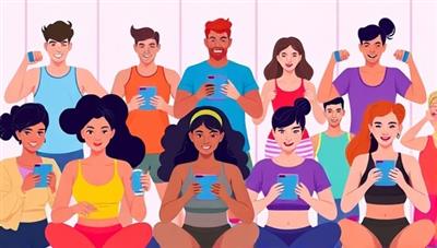 A vibrant digital illustration showing a diverse group of individuals working out together virtually, each following a personalized training plan on their devices, symbolizing inclusivity and modern fitness trends.