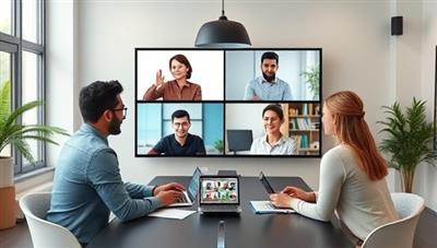 A virtual team meeting scenario with team members collaborating on a shared digital workspace, using video conferencing tools, and productivity apps, showcasing a seamless and efficient remote work environment fostering teamwork and innovation.