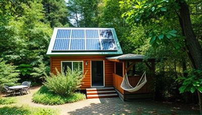 A serene natural setting with a tiny house nestled among lush greenery, solar panels on the roof, and a small patio with a hammock, inviting viewers to escape to a sustainable paradise.