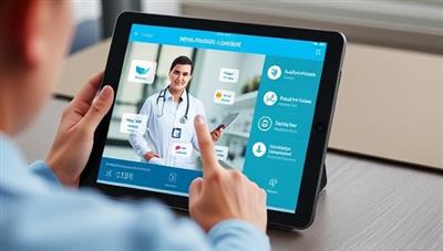 A digital interface displaying a user interacting with a virtual healthcare concierge on a tablet, accessing telemedicine services, scheduling appointments, and monitoring vital signs, illustrating the convenience and personalized care provided by MediMate's virtual healthcare platform.