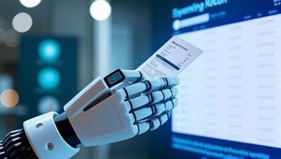 An engaging visual of a futuristic robot hand holding a stack of receipts and scanning them into a digital interface, symbolizing automation and efficiency in expense tracking.
