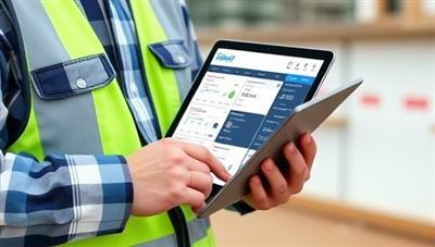A construction site manager using the BuildMaster Pro app on a tablet to review project timelines, assign tasks to team members, and track budget expenditures, showcasing the app's user-friendly interface and real-time project management capabilities.