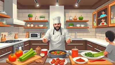 An appetizing digital illustration of a virtual kitchen studio with a chef preparing a gourmet dish, surrounded by fresh ingredients, cooking utensils, and a diverse group of participants following along in their own kitchens, creating a vibrant and interactive culinary experience in a virtual space.