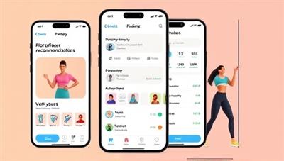 An engaging app interface showcasing personalized fitness recommendations, workout routines, and progress tracking features, with animated avatars demonstrating exercises, conveying a tech-savvy and user-friendly experience.