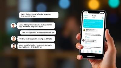 An engaging chatbot interface displaying financial recommendations, budgeting tips, and investment insights, with users interacting with the chatbot on their smartphones, representing convenience and personalized financial guidance.